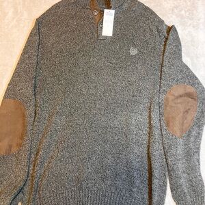 Chaps Gray Sweater M Cotton Brown Elbow Patches‎ NWT Academia Collegiate